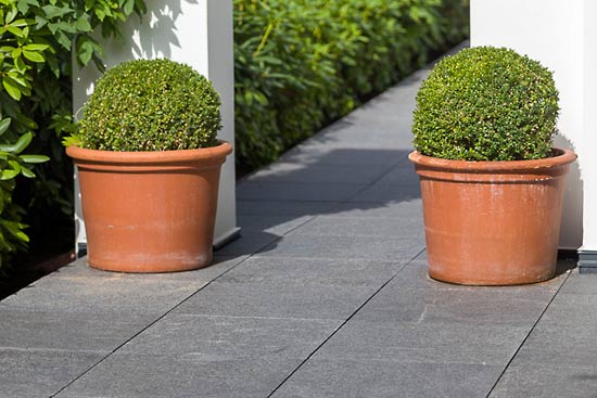 Black Pearl Formatplatten für den Durchgang zur Terrasse.